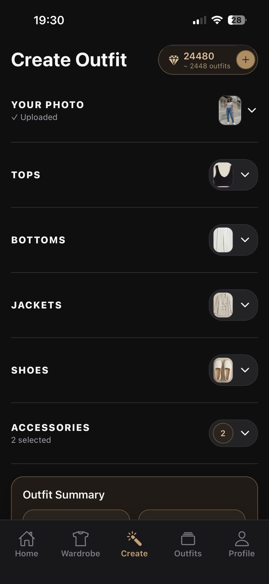 OutfitSnap outfit selection summary screen showing selected categories and accessories.