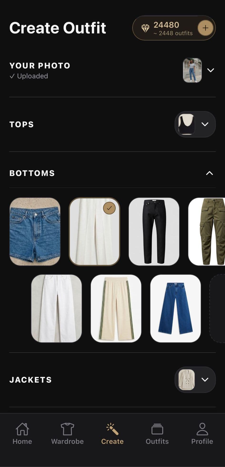 OutfitSnap create outfit screen for selecting bottoms and other clothing items.
