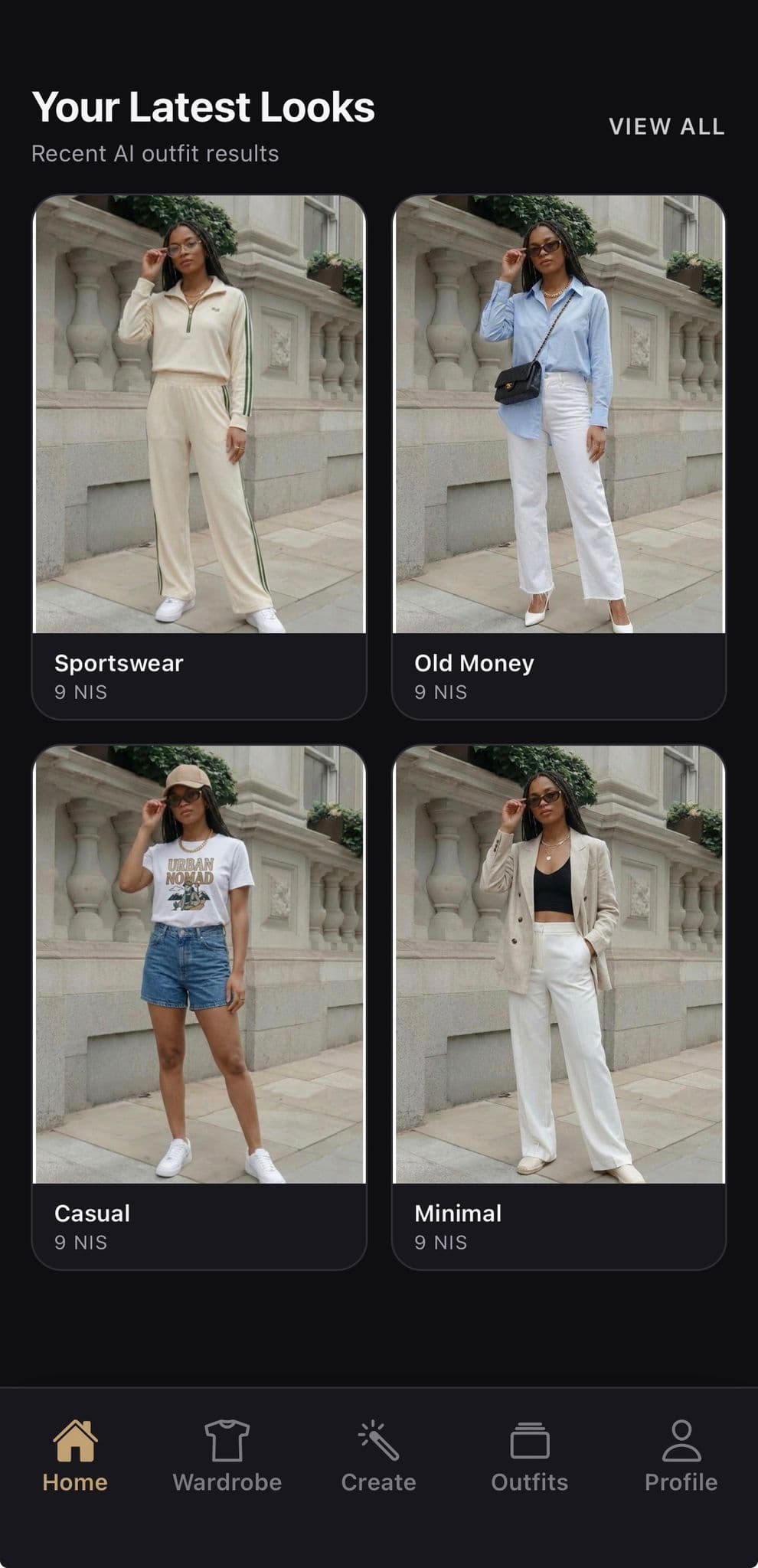 OutfitSnap latest looks screen showing saved AI outfit results.